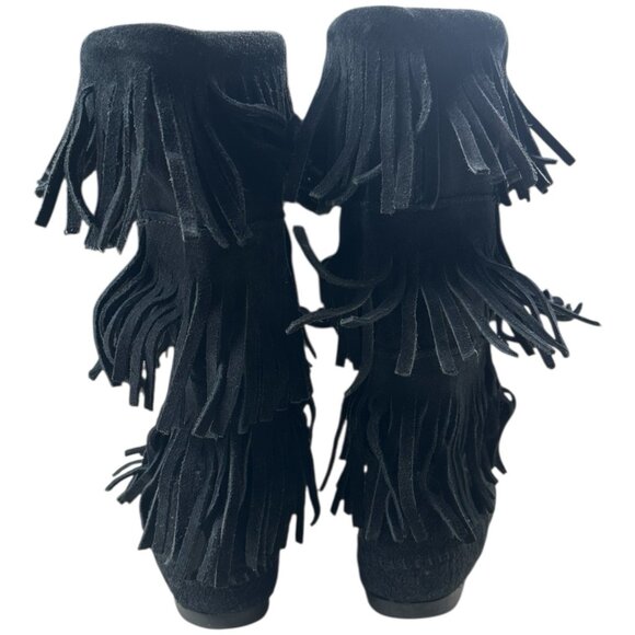 Minnetonka Boot Women 7 Black Suede Mid Calf 3 Tier Fringe moccasin boho Festiva - Picture 14 of 16
